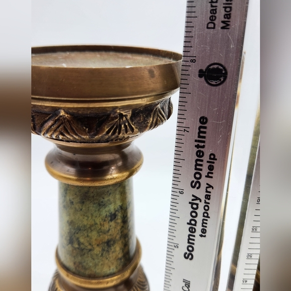 1950s IMA Brass and Green Marble Candle Holders Set (2) Made In India - Picture 11 of 12